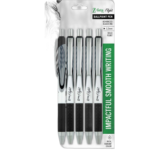 Zebra Pen Z-Grip Flight Retractable Ballpoint Pen, Bold Point, 1.2mm, Black Ink, 5-Count