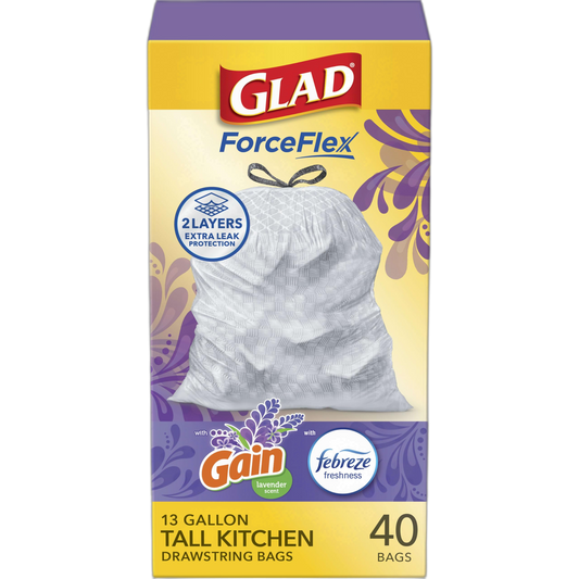 Glad Tall Kitchen Trash Bags 13 Gallon, Gain Lavender Garbage Bags, Odorshield with Drawstring, 40 Count