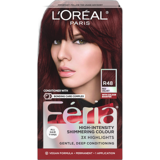 L'Oreal Paris Feria Multi-Faceted Shimmering Permanent Hair Color, R48 Red Velvet (Intense Deep Auburn), Pack of 1, Hair Dye