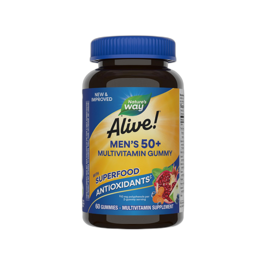 Nature's Way Alive! Men’s 50+ Daily Gummy Multivitamins, Supports Healthy Brain, Eyes, Heart*, B-Vitamins, Gluten-Free, Vegetarian, Fruit Flavored, 60 Gummies (Packaging May Vary)