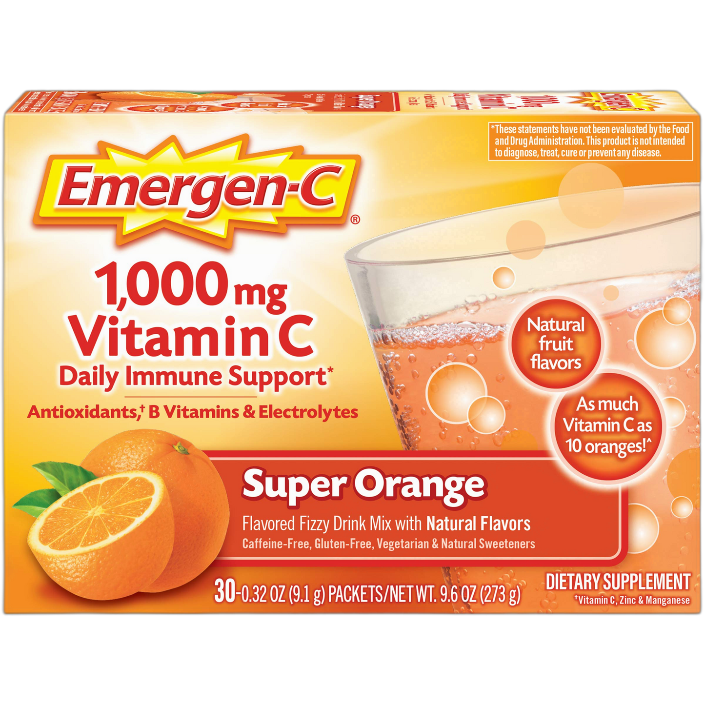 Emergen-C 1000mg Vitamin C Powder for Daily Immune Support Caffeine Free Vitamin C Supplements with Zinc and Manganese, B Vitamins and Electrolytes, Super Orange Flavor - 30 Count