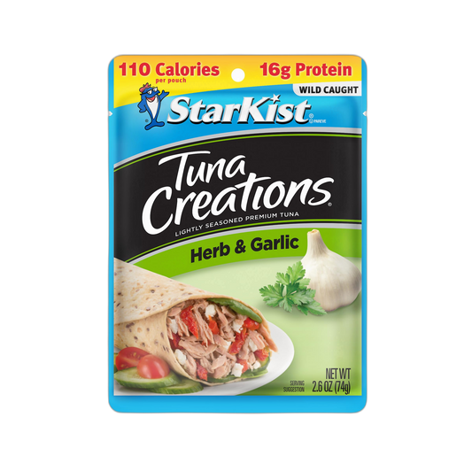 StarKist Tuna Creations Herb and Garlic, 2.6 oz Pouch (1 Pack) Ready to Eat Wild Caught Tuna, 15g Protein, 110 Calories Per Serving, Kosher, Perfect for Salads, Meals and Snacks