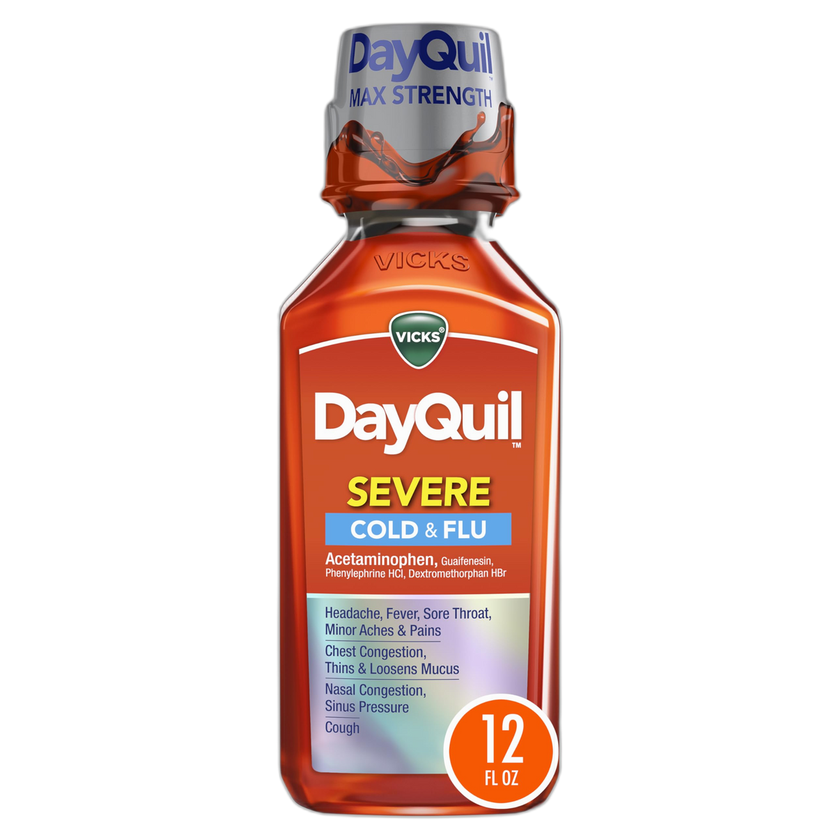 Vicks DayQuil SEVERE Cold & Flu Relief Liquid Medicine, Maximum Strength 9-Symptom Non-Drowsy Daytime Relief for Headache, Fever, Sore Throat, Minor Aches and Pains, Chest Congestion, Stuffy Nose, Nasal Congestion, Sinus Pressure, and Cough, 12 FL OZ