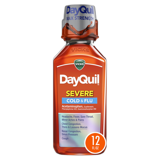Vicks DayQuil SEVERE Cold & Flu Relief Liquid Medicine, Maximum Strength 9-Symptom Non-Drowsy Daytime Relief for Headache, Fever, Sore Throat, Minor Aches and Pains, Chest Congestion, Stuffy Nose, Nasal Congestion, Sinus Pressure, and Cough, 12 FL OZ