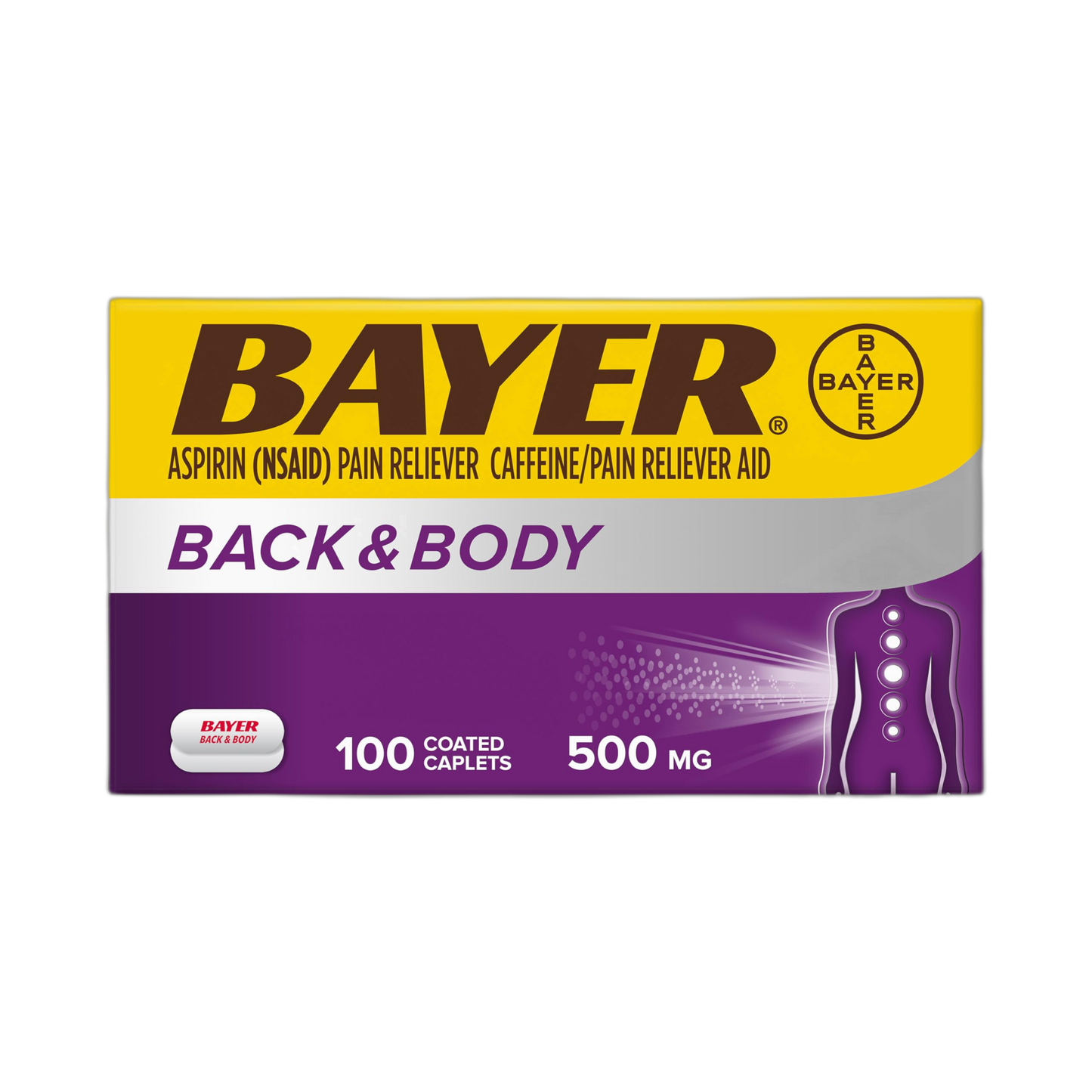 Bayer Back & Body Extra Strength Aspirin, 500mg Coated Tablets, Fast Relief at the Site of Pain, Pain Reliever with 32.5mg Caffeine, 100 Count