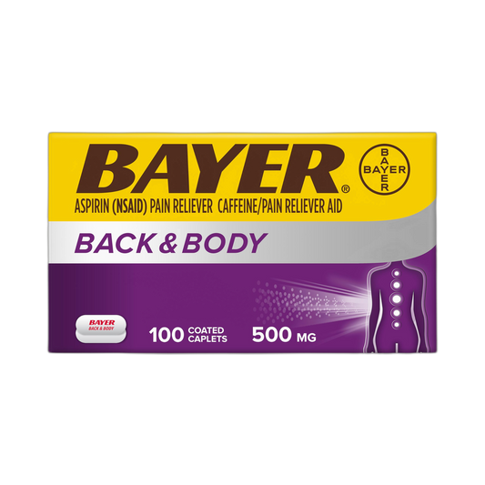 Bayer Back & Body Extra Strength Aspirin, 500mg Coated Tablets, Fast Relief at the Site of Pain, Pain Reliever with 32.5mg Caffeine, 100 Count