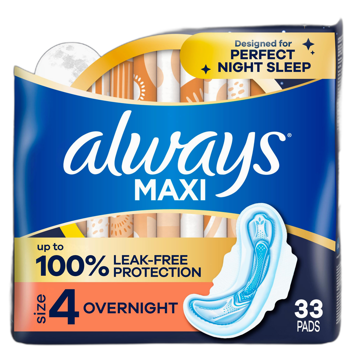 Always Maxi Overnight Pads with Wings for Women, Size 4, Overnight Absorbency, Unscented, 33 Count (Packaging May Vary)