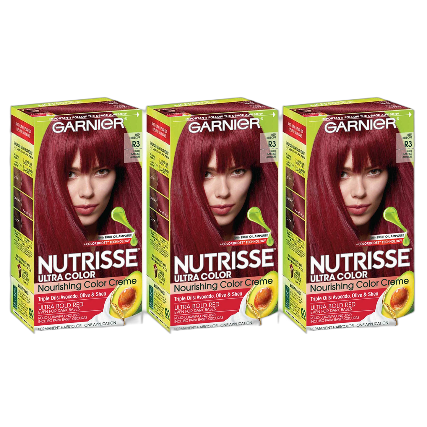 Garnier Nutrisse Haircolor, R3 Light Intense Auburn Nourishing Color Creme Permanent (Pack of 3)