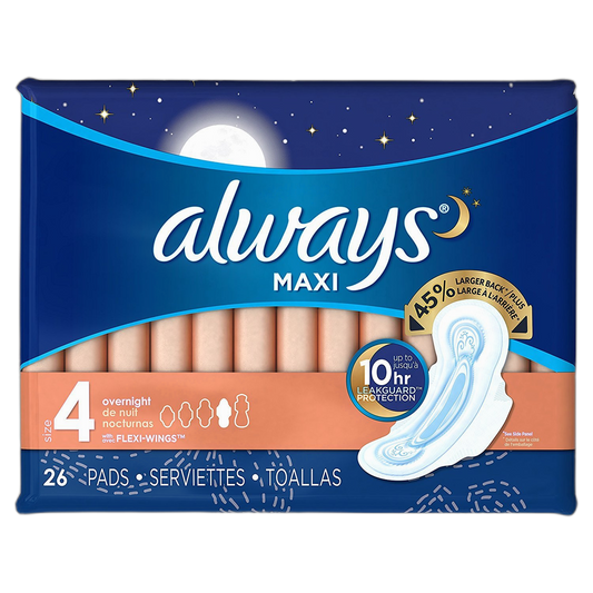 Always Maxi Overnight Pads with Wings, Size 4, Overnight, Unscented, 26 CT