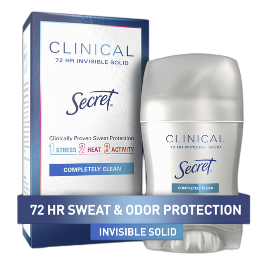 Secret Clinical Strength Antiperspirant Deodorant for Women, 3X Stress Protection, 72hr Sweat & Odor Protection, PH Balancing Minerals, Invisible Solid, Completely Clean Scent, 1.6 oz