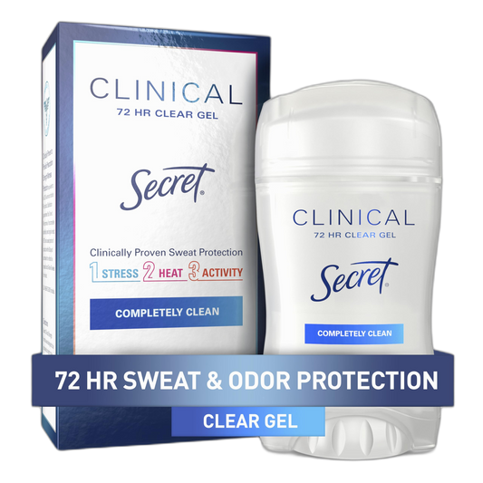Secret Clinical Strength Antiperspirant Deodorant for Women, 3X Stress Protection, 72hr Sweat & Odor Protection, PH Balancing Minerals, Clear Gel, Completely Clean Scent, 1.6 oz