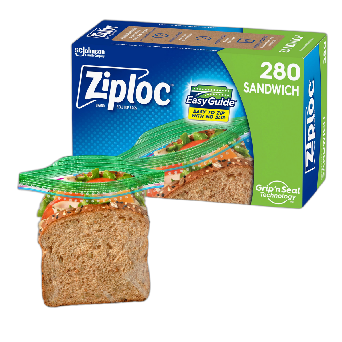 Ziploc Sandwich and Snack Bags with EasyGuide Texture, Plastic Storage Bags with Grip 'n Seal Technology, 280 Bags Total