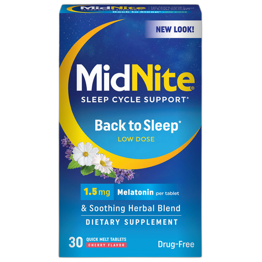 MidNite Back to Sleep Low Dose, 1.5 mg Melatonin Sleep Aid, Non-Habit Forming, Herbal Dietary Supplement for Adults, Drug-Free, Gluten-Free, Lactose-Free, Vegetarian, Vegan, 30 Quick Melt Tablets