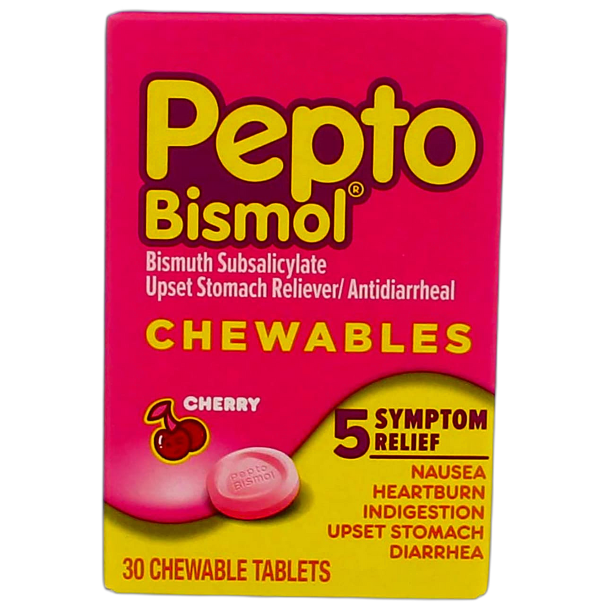 Pepto-Bismol 5 Symptoms Digestive Relief Chewable Tablets, Cherry 30 ea (Pack of 5)