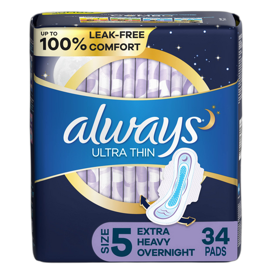 ALWAYS Ultra Thin Size 5 Extra Heavy Overnight Pads with Wings Unscented, Size 5, 34 Count