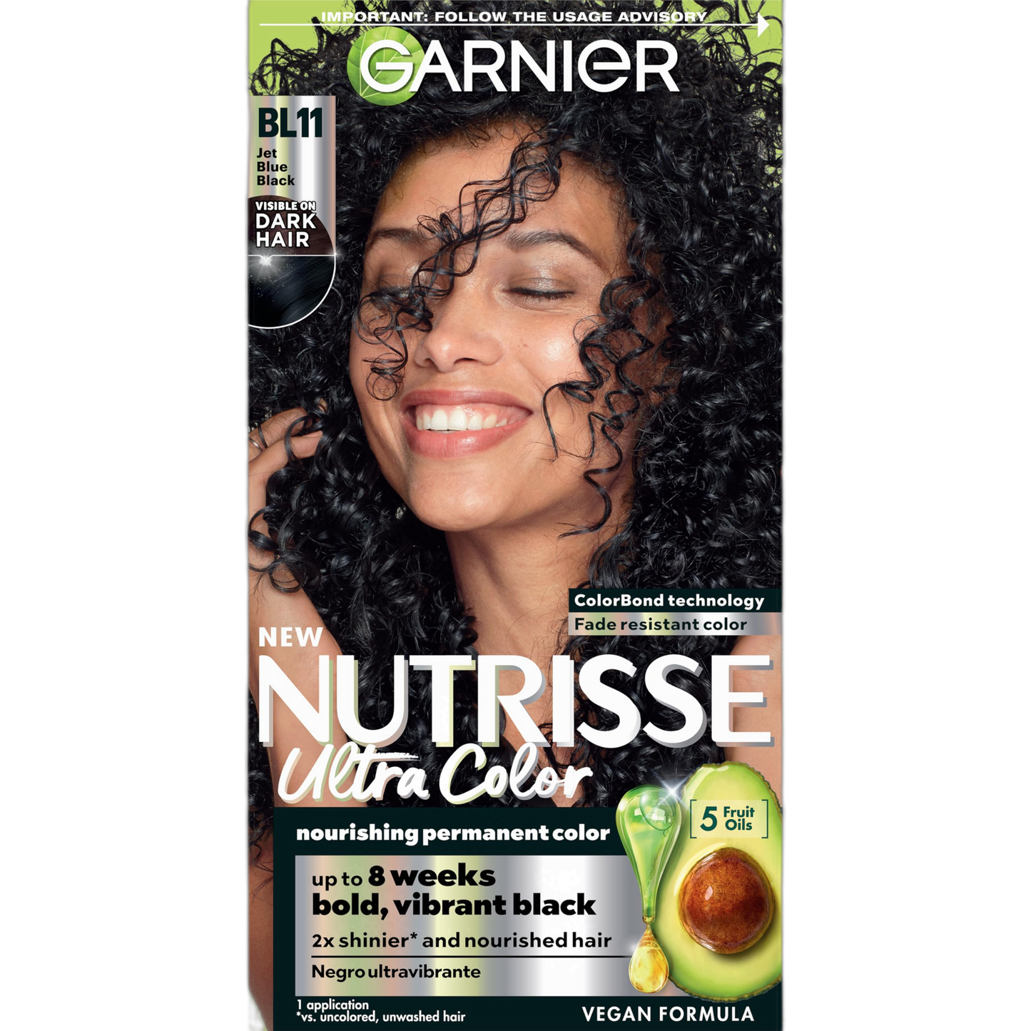 Garnier Hair Color Nutrisse Ultra Color Nourishing Creme, BL11 Jet Blue Black (Black Currant) Permanent Hair Dye, 1 Count (Packaging May Vary)