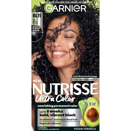 Garnier Hair Color Nutrisse Ultra Color Nourishing Creme, BL11 Jet Blue Black (Black Currant) Permanent Hair Dye, 1 Count (Packaging May Vary)
