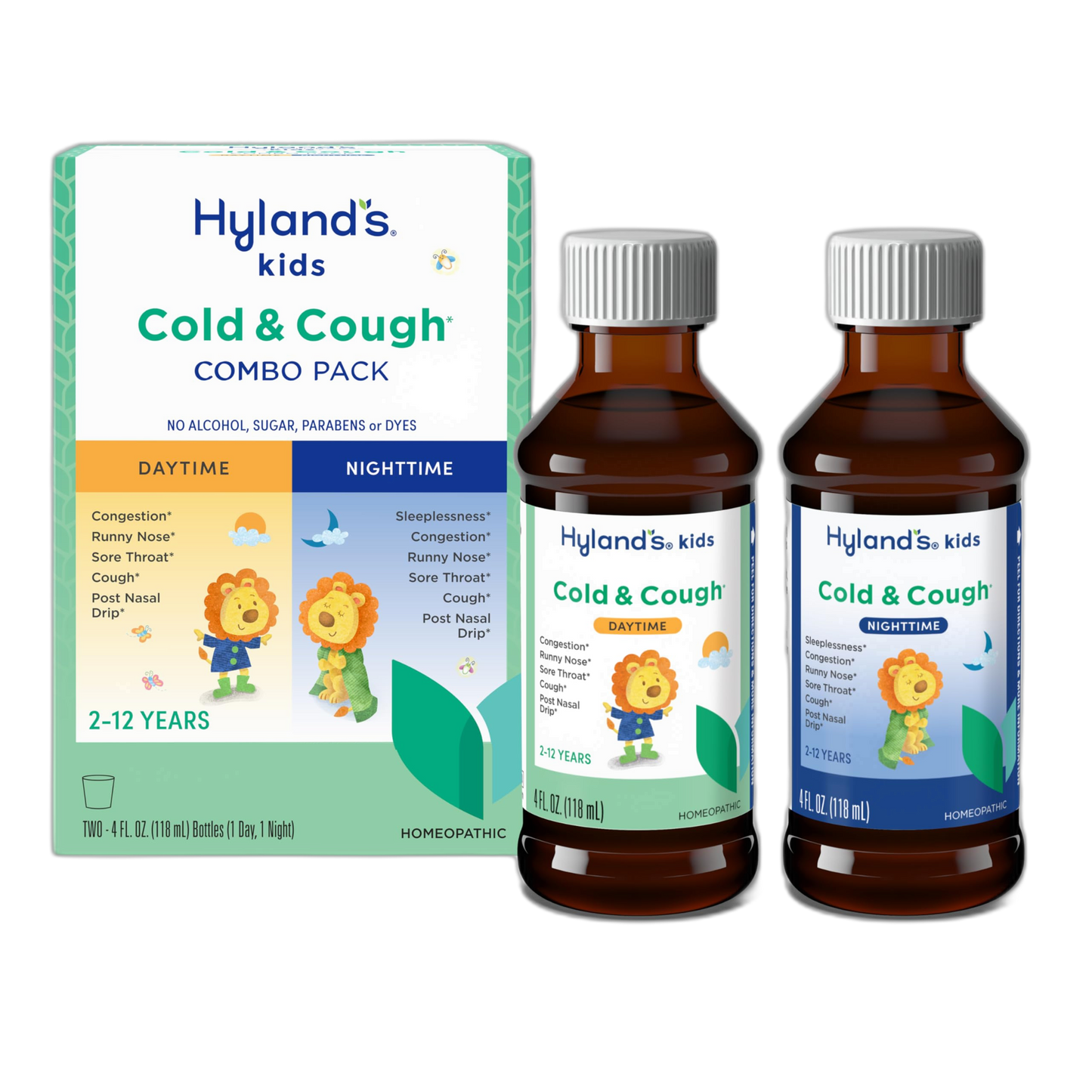 Hyland's Kids Cold and Cough, Day and Night Combo Pack, Cold Medicine for Ages 2 and up, Syrup Cough Medicine for Kids, Nasal Decongestant, 4 Fl Oz (Pack of 2)
