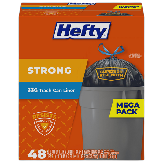 Hefty Strong Extra Large Trash Bags, Black, 33 Gallon, 48 Count