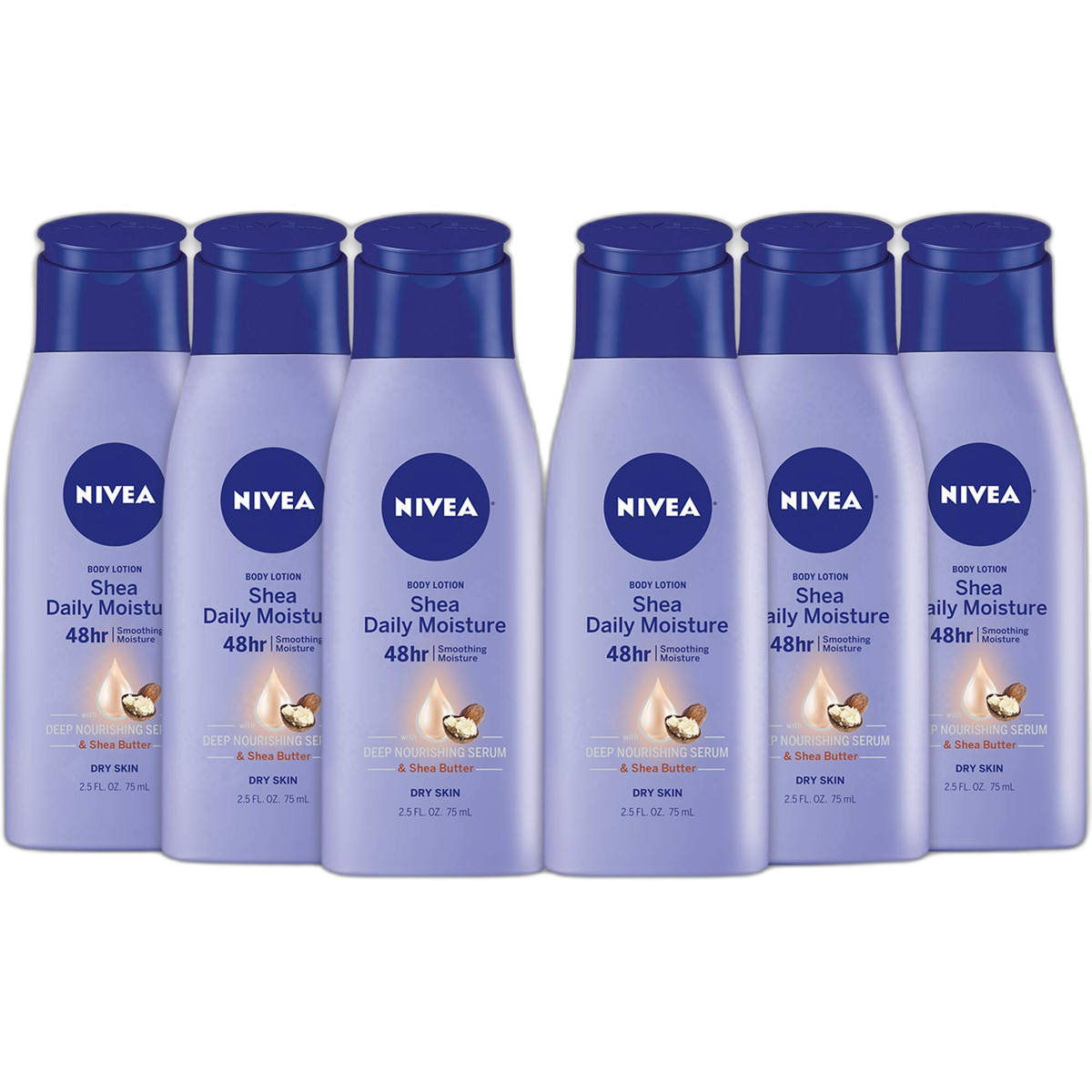 NIVEA Shea Nourish Body Lotion for Dry Skin with Hyaluronic Acid, Shea Butter and Deep Nourishing Serum, 48-Hour Body Moisturizer, 2.5 Fl Oz Bottle, Pack of 6