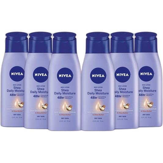 NIVEA Shea Nourish Body Lotion for Dry Skin with Hyaluronic Acid, Shea Butter and Deep Nourishing Serum, 48-Hour Body Moisturizer, 2.5 Fl Oz Bottle, Pack of 6
