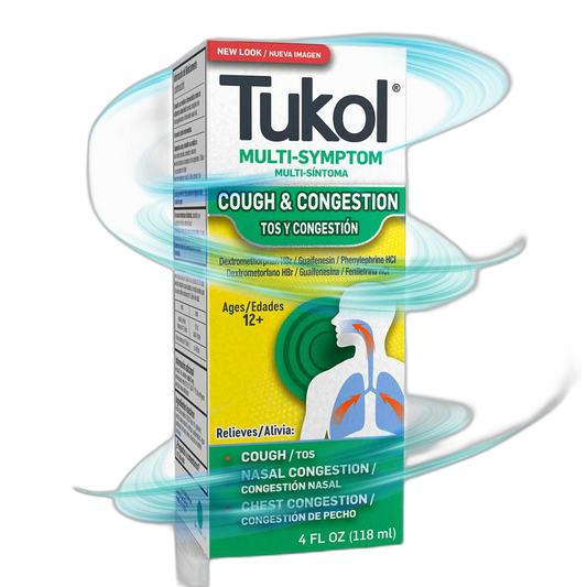 TUKOL Cough Medicine for Adults - Multi-Symptom Cough Syrup with Dextromethorphan, DXM Cough Suppressant & Expectorant, Ages 12+, Powerful Relief for Cough, Chest, and Nasal Congestion- 4 FL OZ