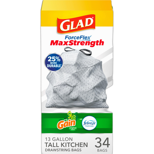 Glad Trash Bags, ForceFlexPlus Tall Kitchen Drawstring Garbage Bags - 13 Gallon Grey Trash Bag, Gain Original with Febreze Freshness 34 Count (Package May Vary)
