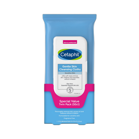 Cetaphil Face and Body Wipes, Gentle Skin Cleansing Cloths, 50 Count, Twin Pack, for Dry, Sensitive Skin, Flip Top Closure, Great for the Gym, Travel, in the Car, Hypoallergenic, Fragrance Free