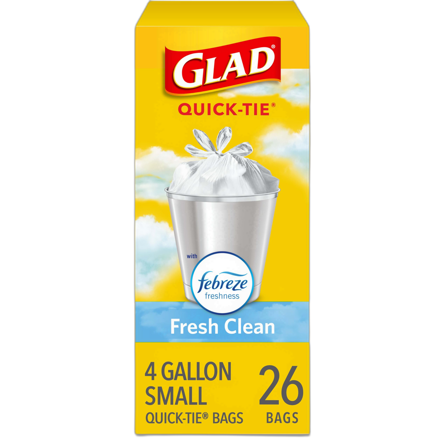 Glad Small Trash Bags 4 Gallon, Febreze Fresh Clean Garbage Bags, Odor Resistant with Quick Tie, 26 Count