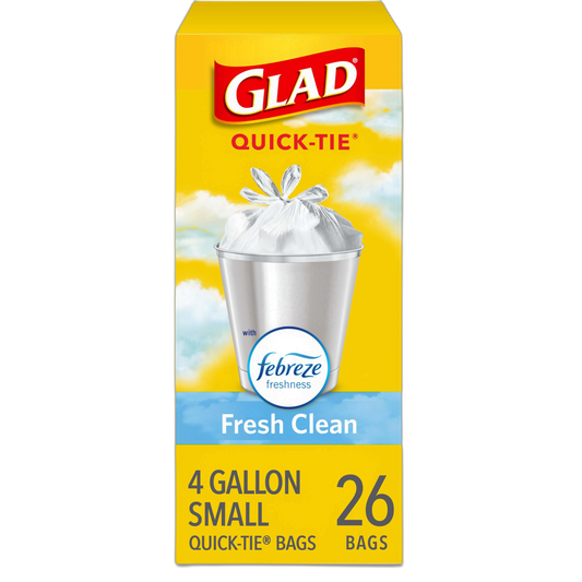 Glad Small Trash Bags 4 Gallon, Febreze Fresh Clean Garbage Bags, Odor Resistant with Quick Tie, 26 Count