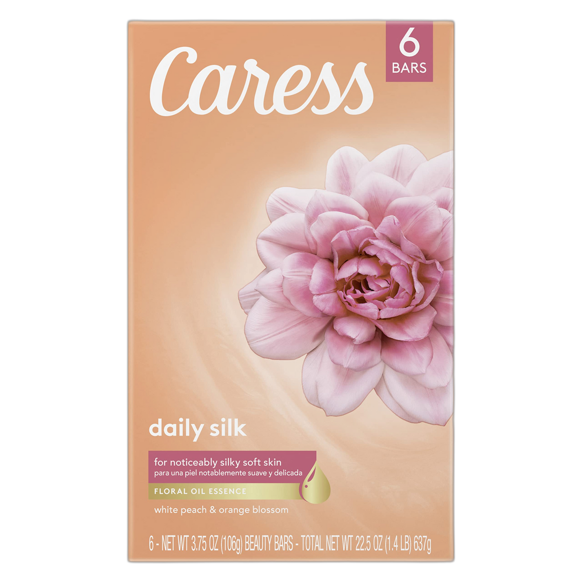 Caress Bath And Body For Silky, Soft Skin Daily Silk Body Soap With Silk Extract & Floral Oil Essence 3.75 oz 6 Bars