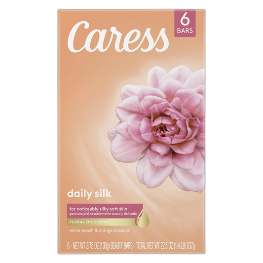 Caress Bath And Body For Silky, Soft Skin Daily Silk Body Soap With Silk Extract & Floral Oil Essence 3.75 oz 6 Bars