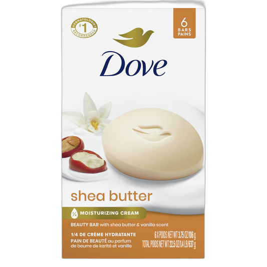 Dove Beauty Bar Soap Shea Butter, 6 Bars for Nourished, Radiant Skin, Enriches Skin 3.75 oz