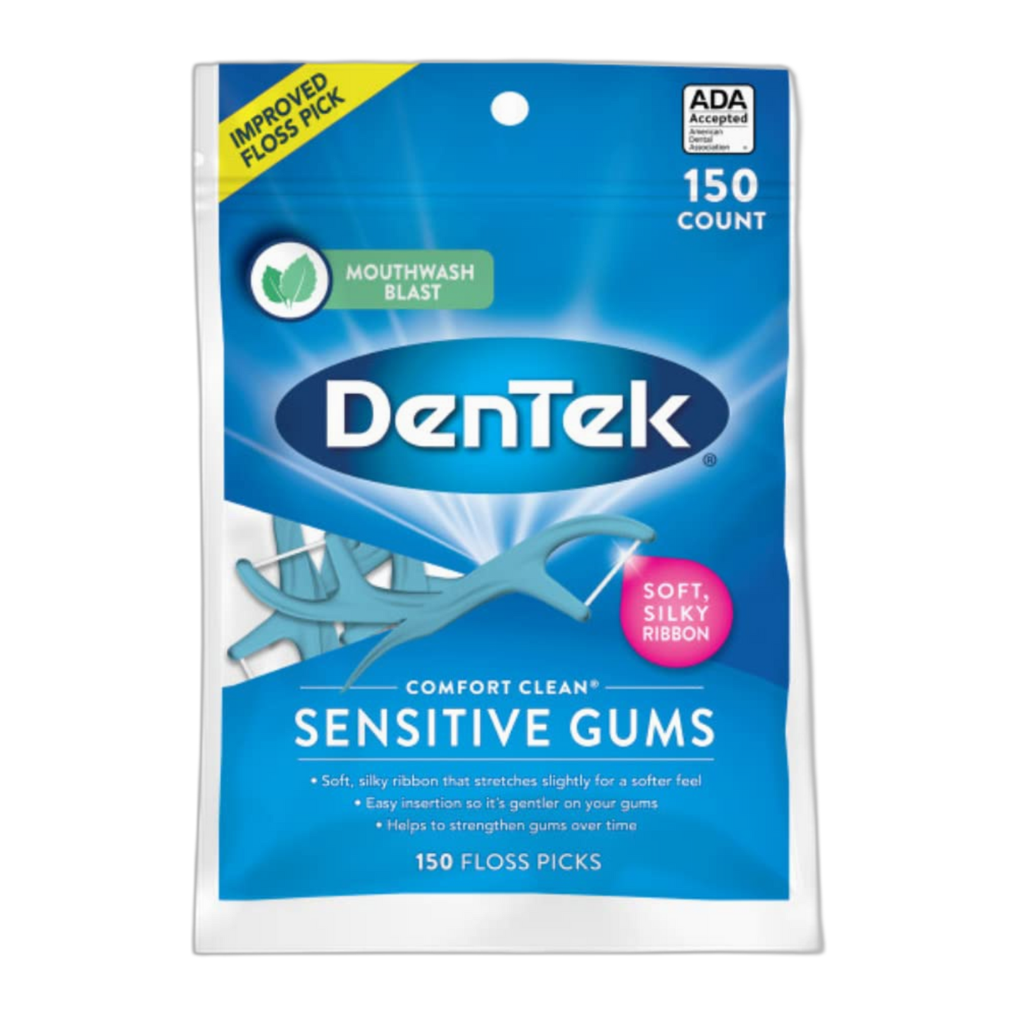 Dentek Floss Picks Comfort Clean Sensitive Gums Floss Picks, Soft & Silky Ribbon, 150 ct (Pack of 1)