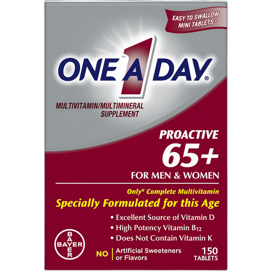 One A Day Proactive 65+, Mens & Womens Multivitamin, Supplement with Vitamin A, C, D, and Zinc to Support Bone Health & Cell Health, Calcium, Folic Acid, Tablet 150 Count
