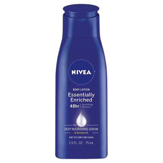 NIVEA Essentially Enriched Body Lotion for Very Dry Skin with Hyaluronic Acid, Almond Oil and Deep Nourishing Serum, 72-Hour Body Moisturizer, 2.5 Fl Oz Bottle