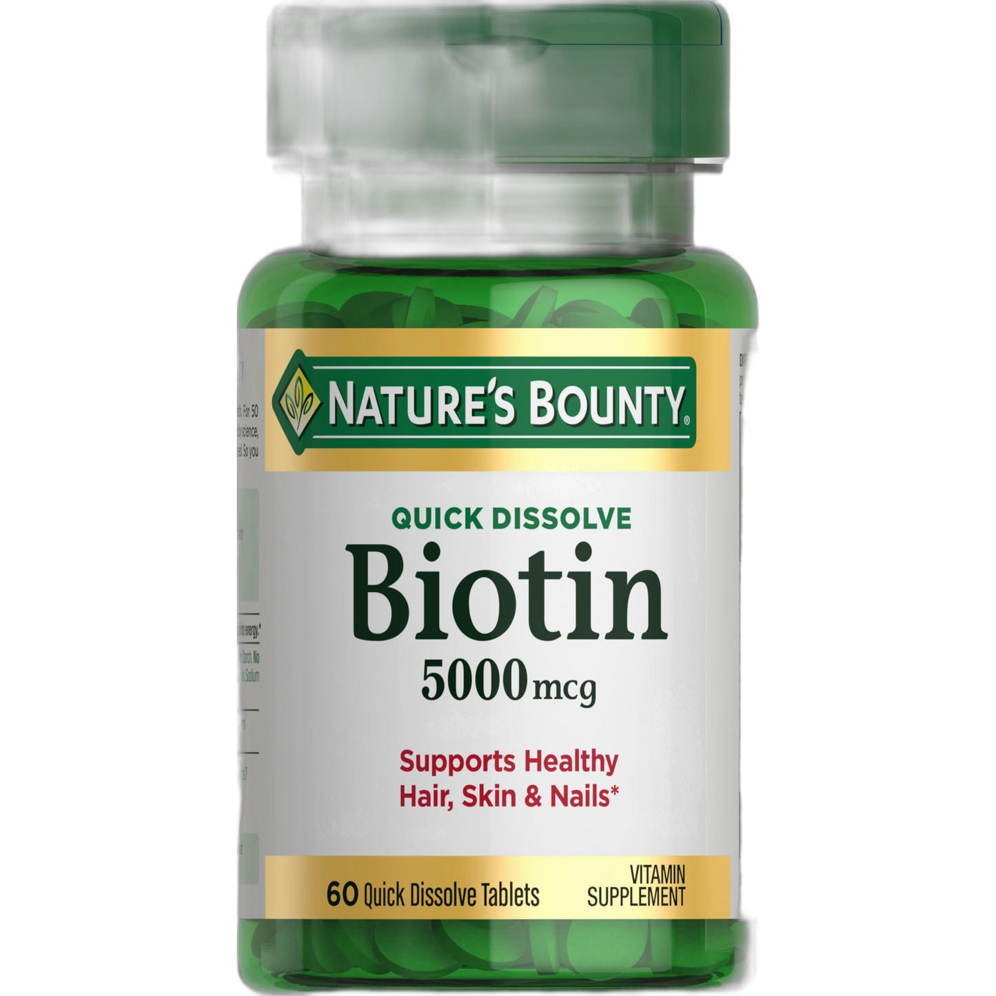 Biotin by Nature's Bounty, Vitamin Supplement, Supports Metabolism for Cellular Energy and Healthy Hair, Skin, and Nails, 5000 mcg, 60 Quick Dissolve Tablets