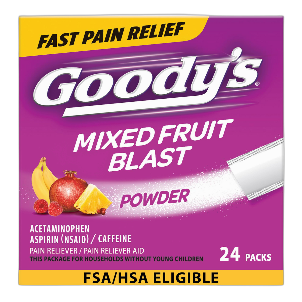 Goody's Pain Relief Powders, Extra Strength Headache Powder Mixed Fruit Blast, 24 ct (Pack of 1)