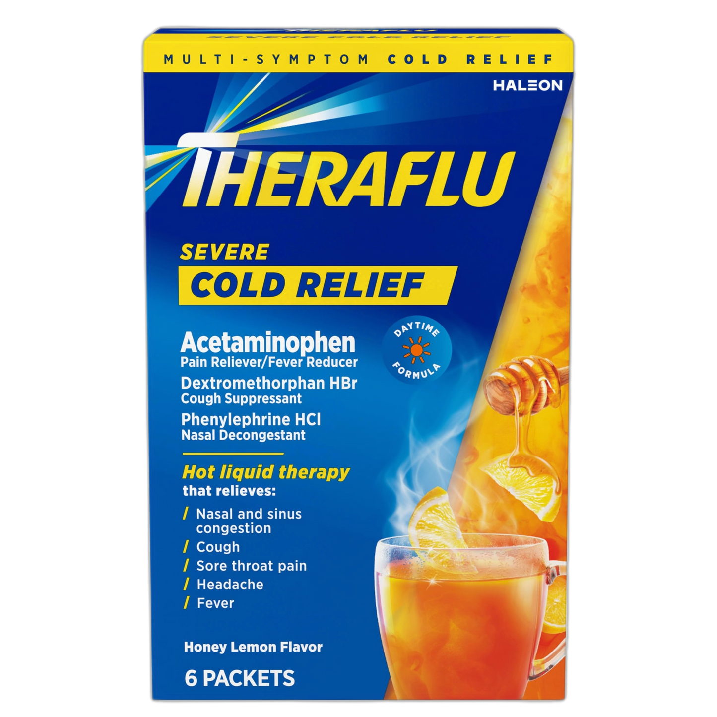 Theraflu Daytime Severe Cold Relief Powder, Cold and Cough Medicine Powder Packets, Honey Lemon Flavors - 6 Count (Pack of 1)