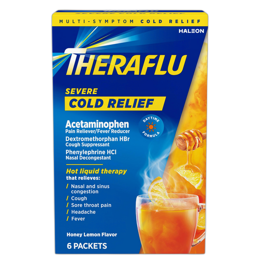 Theraflu Daytime Severe Cold Relief Powder, Cold and Cough Medicine Powder Packets, Honey Lemon Flavors - 6 Count (Pack of 1)