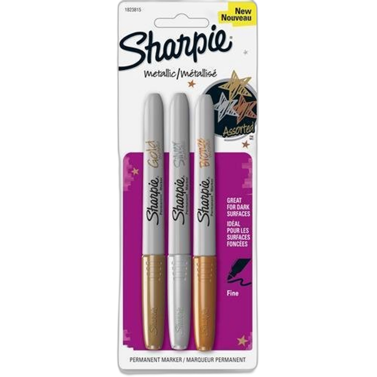 Sharpie 1823815 Metallic Permanent Markers - Fine Marker Point Type - Gold, Silver, Bronze Ink - 3 / Pack