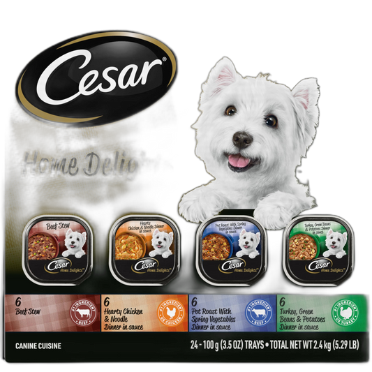 Cesar Home Delights Adult Wet Dog Food, Pot Roast with Spring Vegetables, Beef Stew, Turkey, Green Beans, & Potatoes, and Hearty Chicken & Noodle Variety Pack, 3.5 oz. (24 Count, Pack of 1)