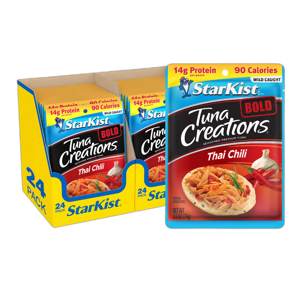 StarKist Tuna Creations BOLD Thai Chili Style, 2.6 oz Pouch (24 Pack) Ready to Eat Wild Caught Tuna, 14g Protein, 90 Calories Per Serving, Gluten Free, Soy Free, Kosher, Perfect for Meals and Snacks