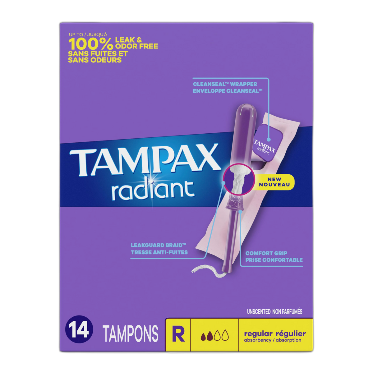 Tampax Radiant Plastic Tampons, Regular Absorbency, Unscented, 14 Count