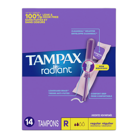Tampax Radiant Plastic Tampons, Regular Absorbency, Unscented, 14 Count