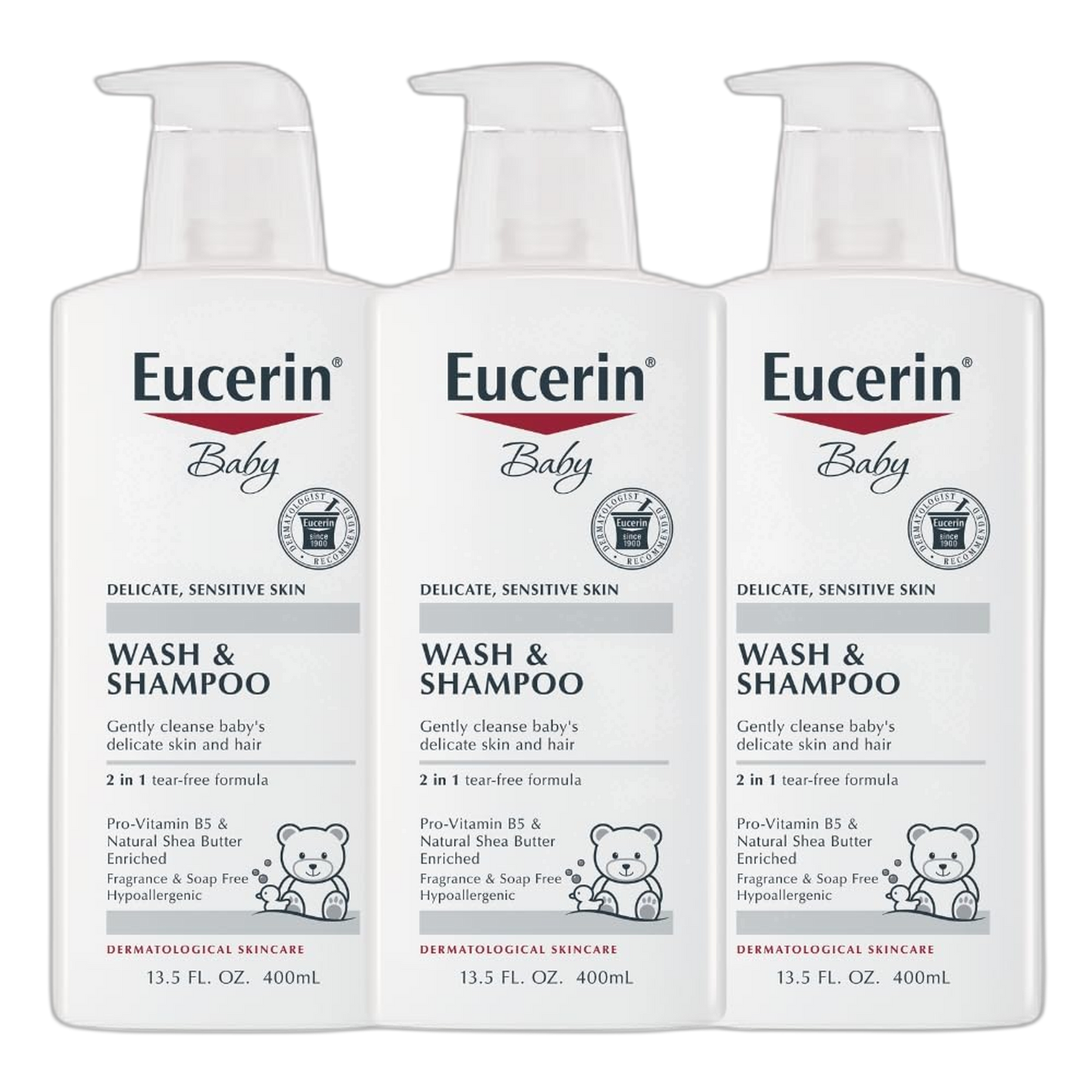 Eucerin Baby Unscented Baby Shampoo and Body Wash, Tear Free Shampoo and Wash, 13.5 Fl Oz Pump Bottle, Pack of 3