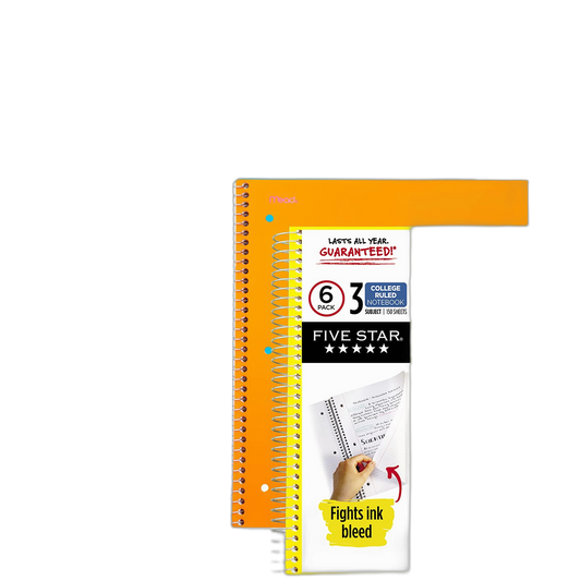 Five Star Spiral Notebooks, 3 Subject, College Ruled Paper, 150 Sheets, 11" x 8-1/2", Assorted Colors, 6 Pack (73479)