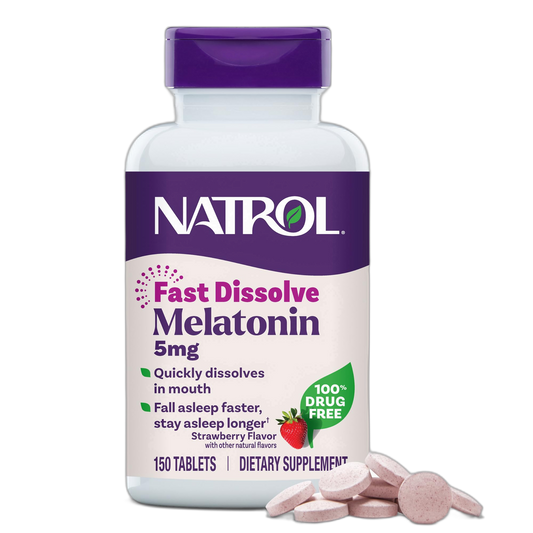 Natrol Melatonin 5mg Fast Dissolve Tablets, Sleep Support Supplements for Adults, Strawberry Flavor, 150 Tablets, Up to 150 Day Supply