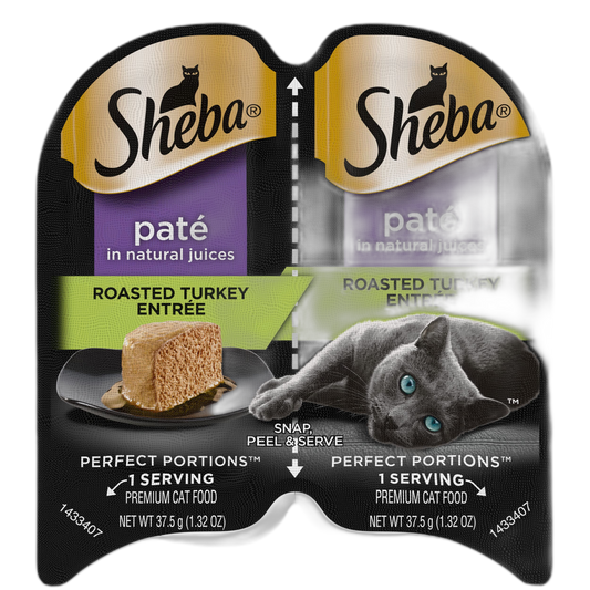 Sheba Perfect Portions Paté Wet Cat Food Tray (1 Count, 2 Servings), Roasted Turkey Entrée, Easy Peel Twin-Pack Tray