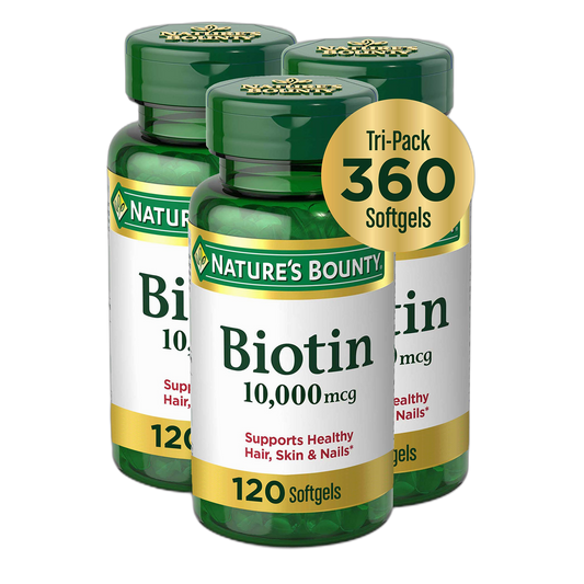 Nature's Bounty Biotin Hair Skin and Nails Vitamins, Supports Healthy Hair, Skin and Nails, 10,000 mcg, 120 Count (Pack of 3)